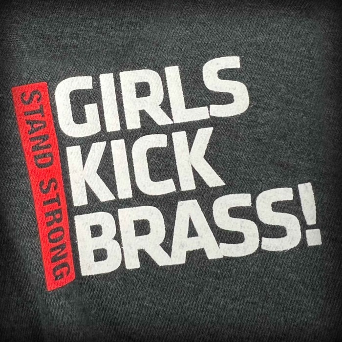 Ladies Kick Brass T Shirt chest close up 700x700 - Gun For Hire Ladies V-Neck Shirt