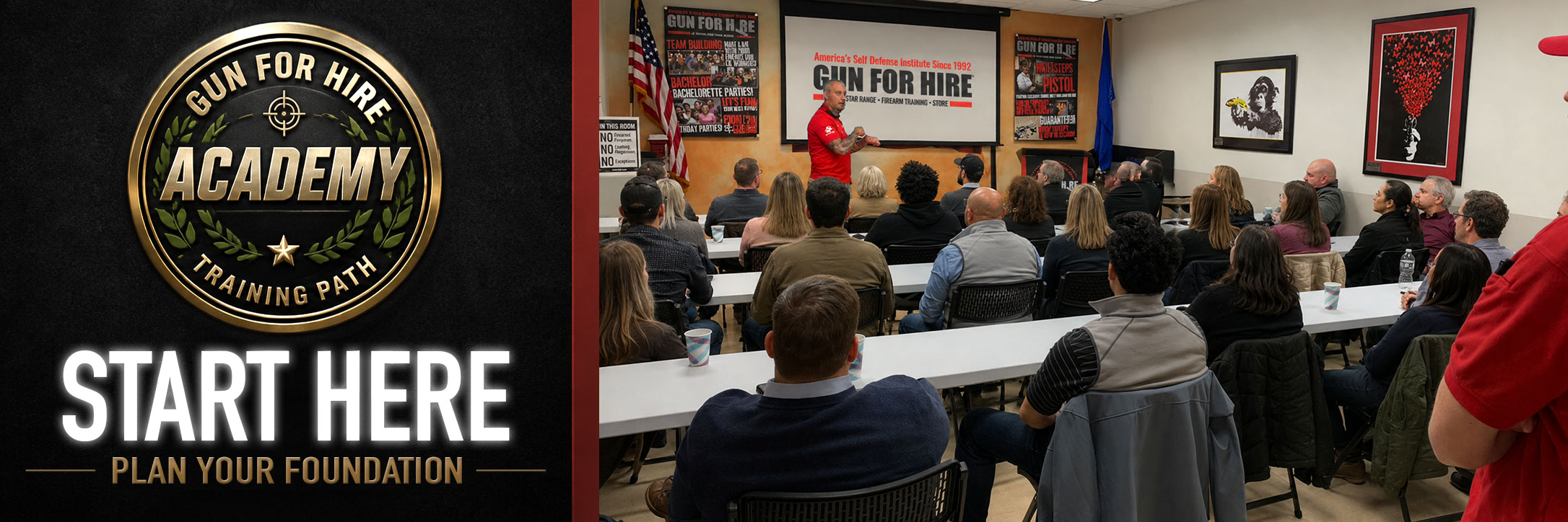 Gun For Hire Academy Start Here training path with beginner shooter and instructor at the range in Woodland Park New Jersey