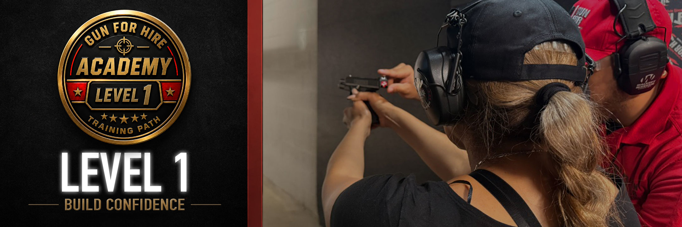 Gun For Hire Academy Level 1 firearms training with instructor coaching a student at the range in Woodland Park New Jersey