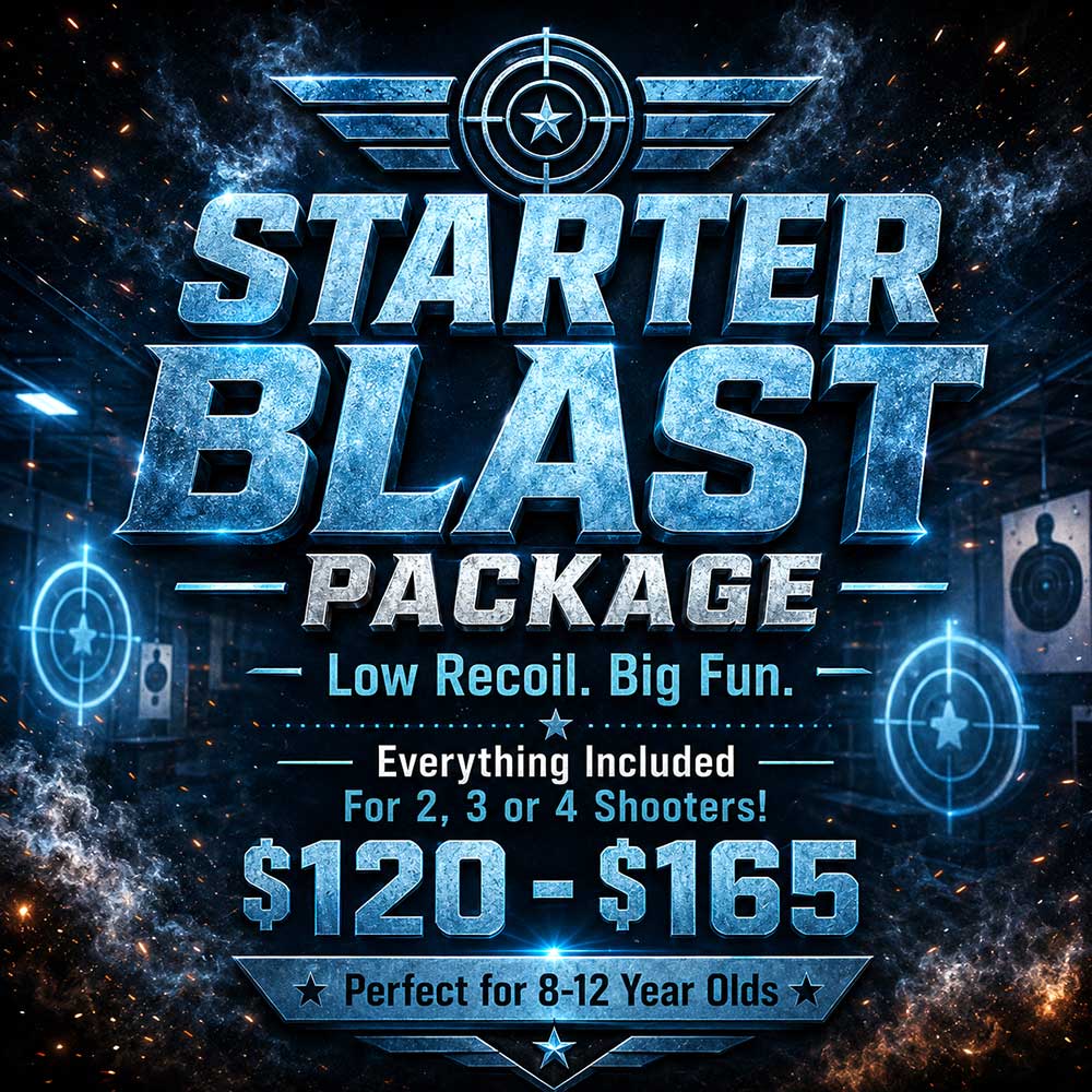 Starter Blast Package at Gun For Hire with low recoil shooting fun for 2, 3, or 4 shooters, perfect for ages 8 to 12.