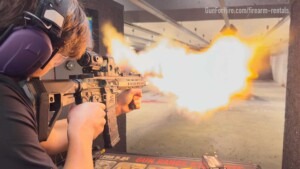 Rifle being fired at Gun For Hire indoor shooting range