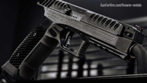 Premium pistol rental on display at Gun For Hire indoor range