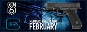 Glock handgun promotional graphic advertising a members free rental event in February, featuring a Glock pistol and Gen 6 branding