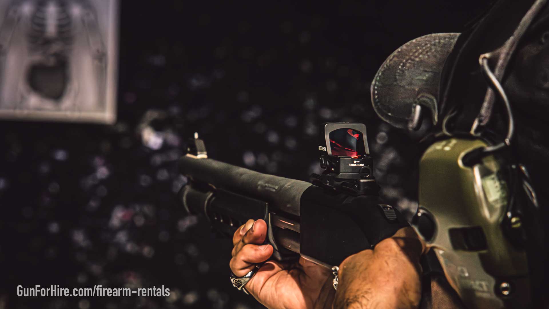 Rifle being fired at Gun For Hire indoor shooting range