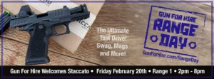 Staccato pistol on display promoting Gun For Hire Range Day with event details, test drives, swag, and magazines available