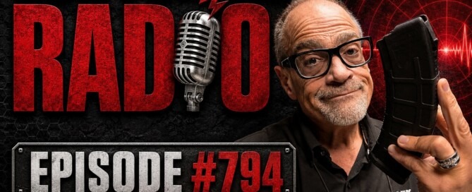 A man wearing glasses holds a magazine for a firearm. Text reads: Gun For Hire Radio. Episode #794. Listen Now. A large microphone and red radar graphic are in the background.