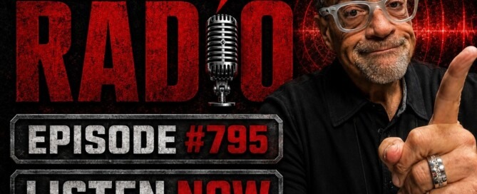 A man with glasses points at the camera next to text that reads: Gun For Hire Radio. Episode #795. Listen Now. A microphone and red sound waves are in the background.