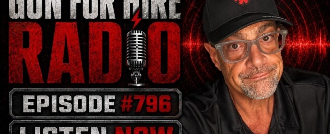 A man in glasses and a black hat sits beside text reading Gun For Hire Radio, Episode #796, Listen Now, with a microphone graphic and red sound waves in the background.